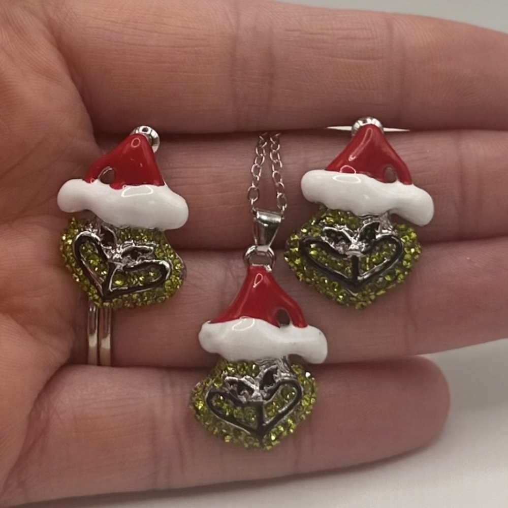 The Grinch Christmas Rhinestone Necklace & Earring Set - Picture 4 of 4